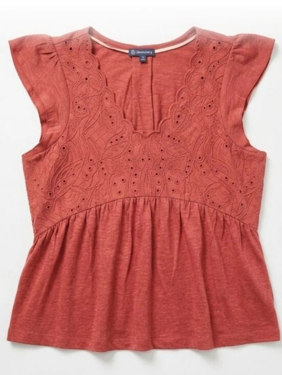 Democracy Tops - NWOT Democracy Eyelet Embroidered Peplum Top Coral Orange Size Small.